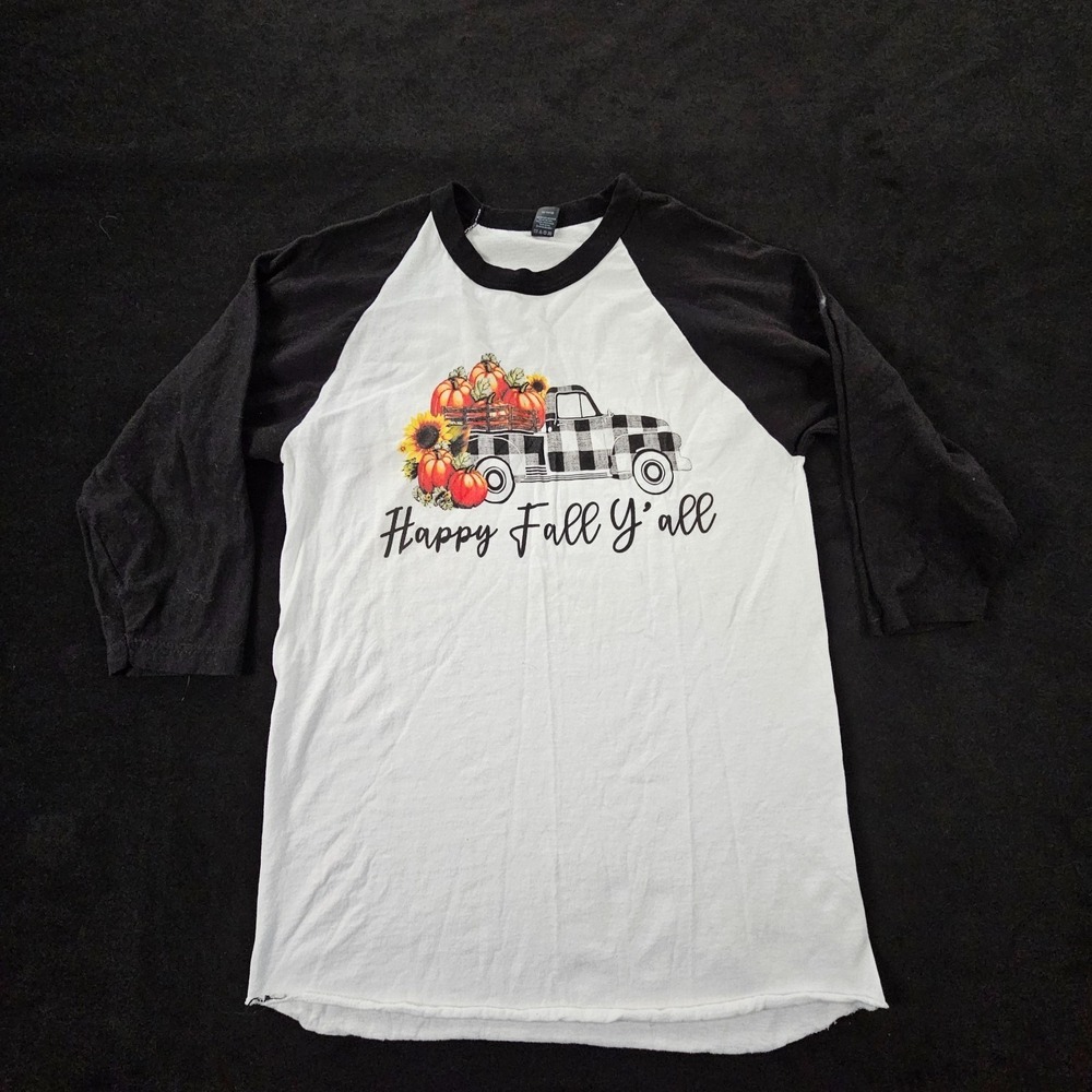 Happy Fall Y'all White Black 3/4 Sleeve Cotton‎ T-Shirt Adult S